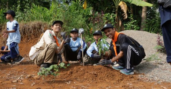 trees planting with children